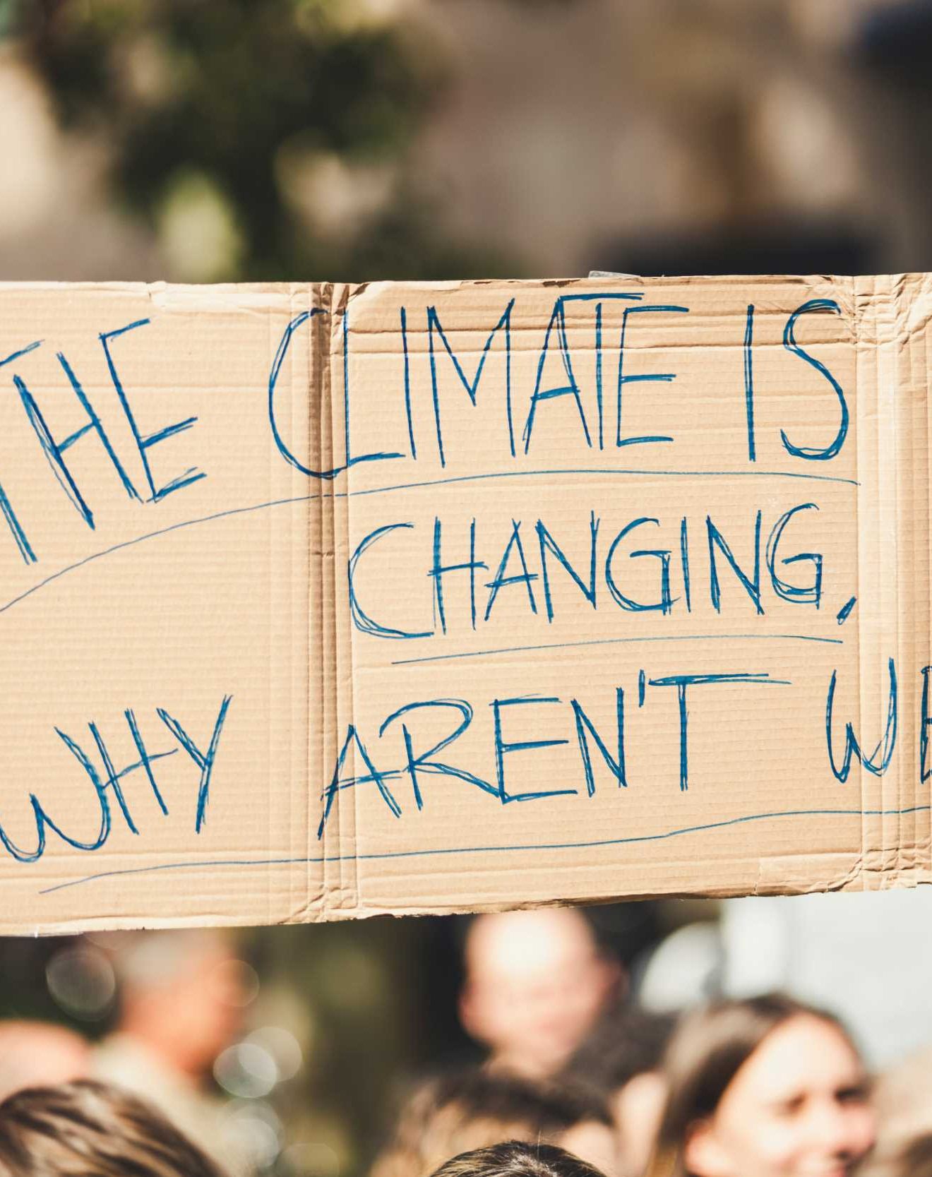 Cardboard sign stateing - The Climate is Changing. Why aren't we?